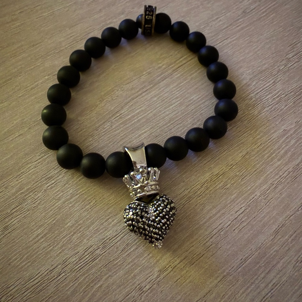 King Baby Studio Black Beaded Bracelet with Silver Crown Heart